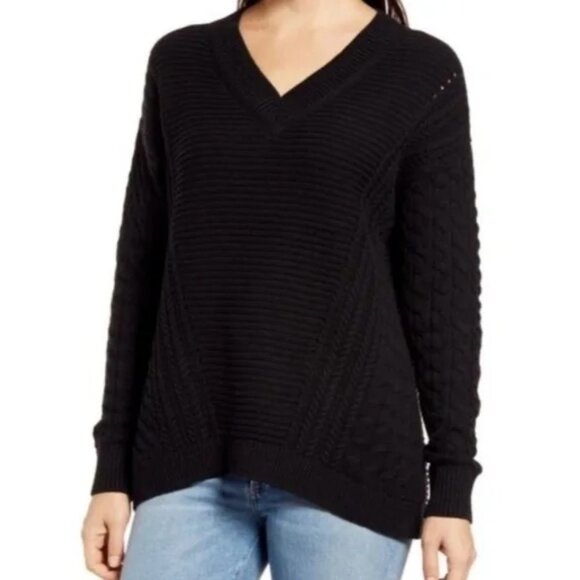 NWT Caslon Cable Knit Sleeve V-Neck Ribbed Sweater In Black Size XS NEW - Picture 1 of 10